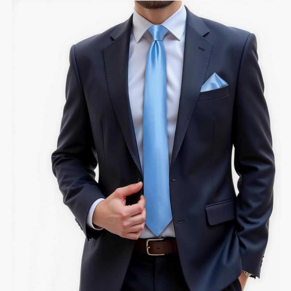 NWT Mens Solid Color Tie and Pocket Square Set Woven Silk Plain Necktie - Picture 2 of 4